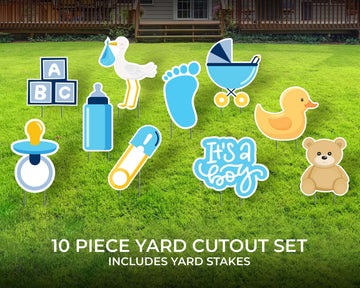 Welcome Home Baby | It's a Boy! | 10 Piece Yard Sign Cutout Set | Baby Shower Yard Décor | Blue Yard Card | 12" Lawn Sign with Stakes