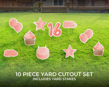 Sweet Sixteen Yard Sign | 10 Piece Cutout Set | Sweet Sixteen Pink Yard Décor | 16 Birthday Yard Card | 16" Lawn Sign with Stakes