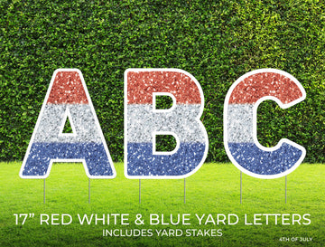 Red White & Blue Glitter Letter Yard Sign Cutouts | 4th of July Yard Décor | Personalized Independence Day | 17" Lawn Letters with Stakes