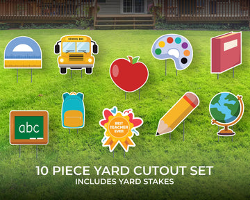 Teacher Appreciation Yard Sign | 10 Piece Cutout Set | Back to School Yard Décor | Teacher's Day | 12" Lawn Sign with Stakes