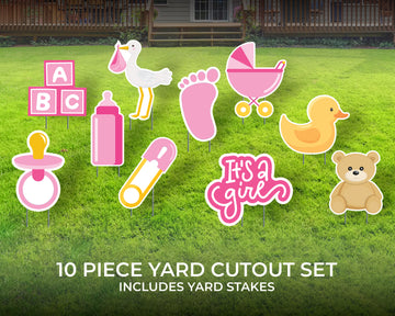 Welcome Home Baby | It's a Girl! | 10 Piece Yard Sign Cutout Set | Baby Shower Yard Décor | Pink Yard Card | 12" Lawn Sign with Stakes
