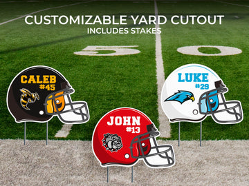 Custom Football Helmet Yard Sign | Personalized Lawn Decor | College, High School, Senior Graduation, Football, Cutout | Includes Yard Stake