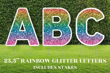 Rainbow Glitter Letter Yard Sign Cutouts | Party / Pride / Event Yard Décor | Personalized Lawn Letters | 23.5" Lawn Letters with Stakes