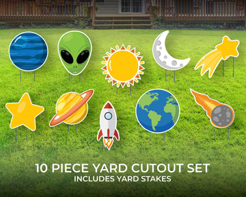 Out of this World Yard Sign | 10 Piece Cutout Set | Aliens in Space Yard Décor | Galaxy, Astronaut, Moon, Planet | 12" Lawn Sign with Stakes