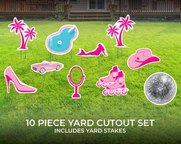 Malibu Yard Signs | 10 Piece Cutout Set | Hot Pink Yard Décor | Party Yard Card | 16" Lawn Sign with Stakes